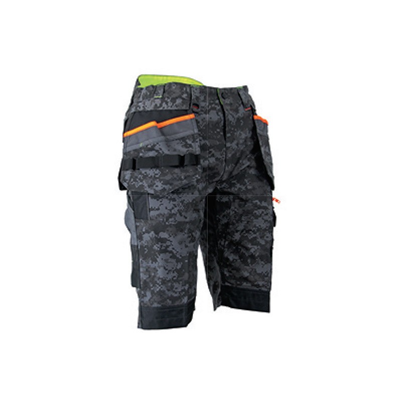 BERMUDA DE TRAVAIL CONSOLE, COLORIS GRIS CAMOUFLAGE, MULTIPOCHES AVEC POCHES OUTILS RÉTRACTABLES